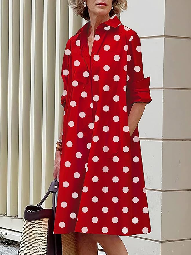 Womens 2025 Long Sleeve Button Down Shirt Summer Dress Casual V Neck Loose Fit Midi Shirt Dresses with Pockets