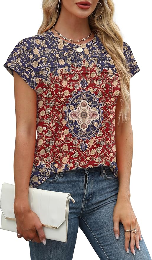 WEESO Womens Summer Tops Trendy 2026 Cap Sleeve T Shirts Crew Neck Pleated Front Beach Vacation Clothes Fashion