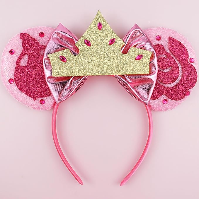 LIHELEI Aurora Mouse Ears Headband, Princess Aurora Headbands for Girls Birthday Party, Sleeping Beauty Ear Costume Headwear Hair Accessories -Hotpink Aurora
