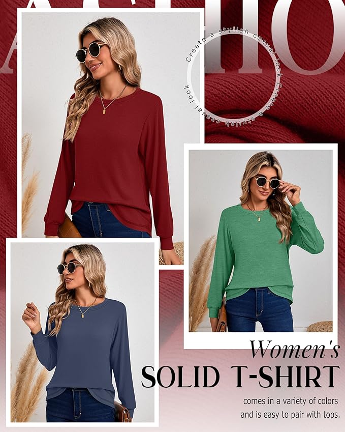 Ficerd 3 Pack Women's Long Sleeve Shirts, Cotton Crew Neck Tunic Tops Casual Loose Fit Pullover Sweatshirts Curved Hem Shirts