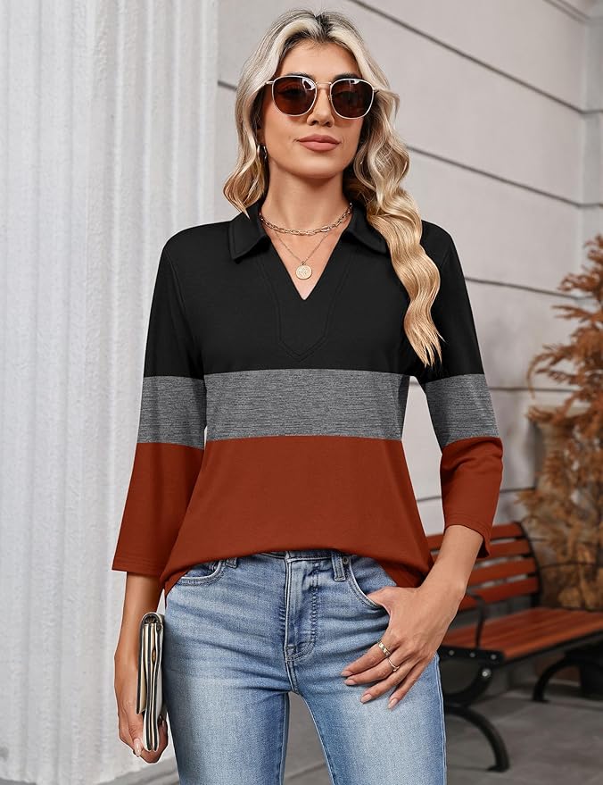 LOMON 3/4 Length Sleeve Womens Tops 2026 Spring Summer Collared Polo Shirts V Neck Casual Basic Polos Tees Shirt