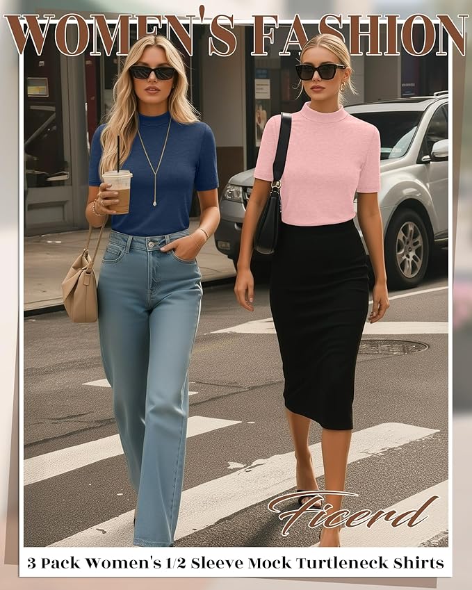 Ficerd 3 Pack Women's 1/2 Sleeve Mock Turtleneck Shirts, Elbow Length Shirt Half Sleeve Tunic Top Casual Summer Basic Tees