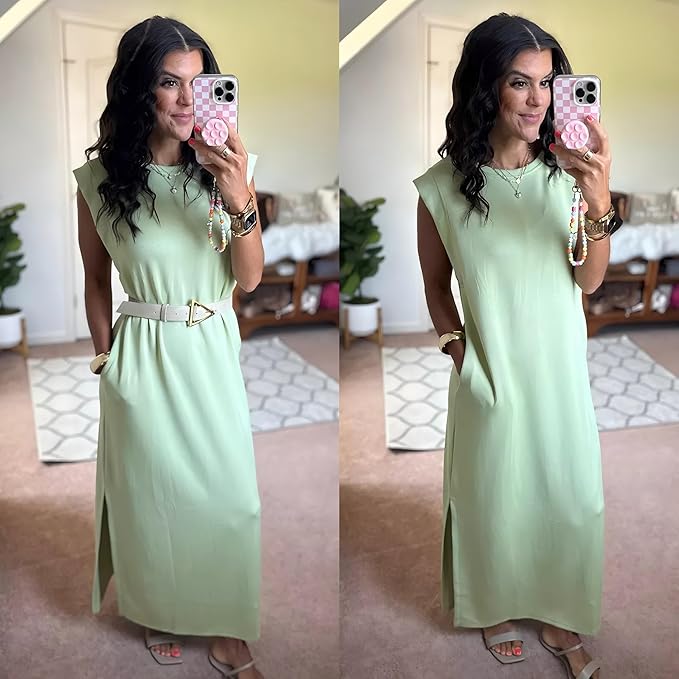 GRECERELLE 2026 Women Year-Round Casual Round Neck Loose Split Wrinkle-Free Long Maxi Vacation Dress with Pockets (XXS-4XL)