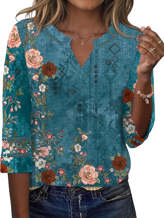 Ivicoer 3/4 Length Sleeve Womens Tops V Neck Lace Embroidered Summer Blouses Loose Fit Tunic Dressy Casual