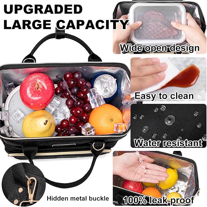 AIJIEKE Lunch Bag for Women, Leakproof & Insulated Work Lunch Box Tote, Reusable Adult Cooler Bag with Water Bottle Side Pocket & Removable Shoulder Strap, Black