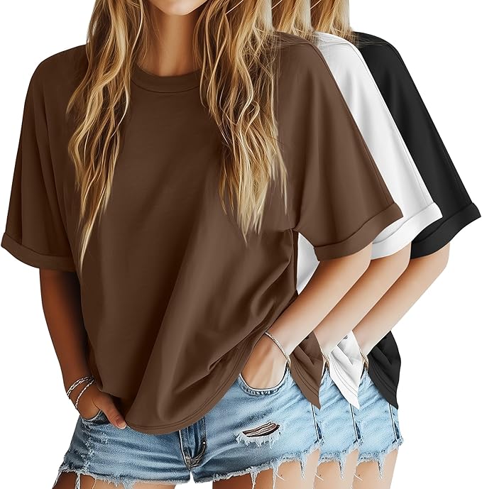 Riyiper 3 Pack Women's Oversized T-Shirt Half Sleeve Summer Tees Casual Loose Fit Crew Neck Basic Tops