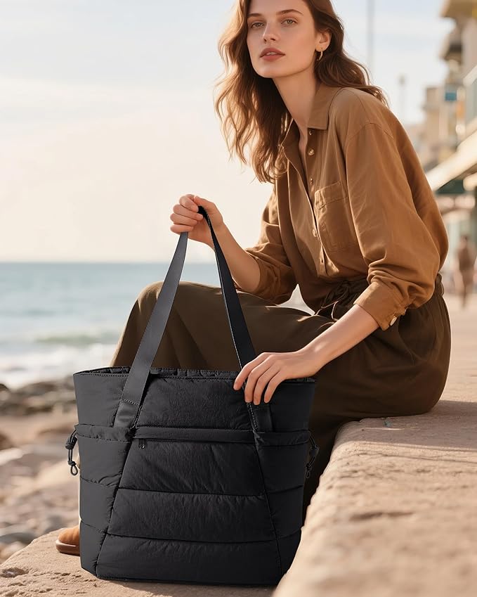 Puffer Tote Bag for Women, Lightweight Tote Bag for Work and School, Black