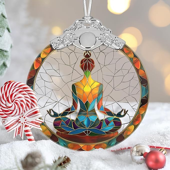 Yoga Symbol Christmas Ornaments, 3" Stained Glass Christmas Decor, Christmas Tree Ornaments, Gifts for Friends, Unique Gift Idea, Perfect for Holiday Party, Tree, Window, Home Decor