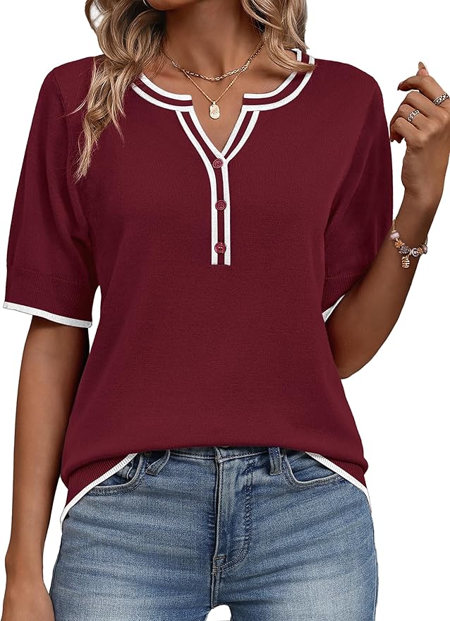 Zeagoo Women's Short Sleeve Sweater 2026 Spring Summer Tops Lightweight Casual V Neck Sweaters Dressy Work Blouses Clothes