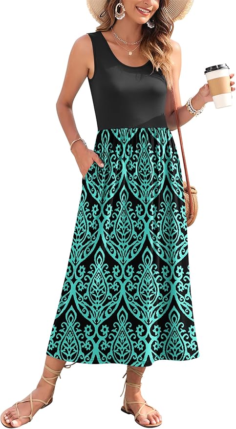 WNEEDU Women's Summer Maxi Dress 2026 Casual Sleeveless Hawaiian Sundress Tropical Long Dress Beach Vacation Outfit