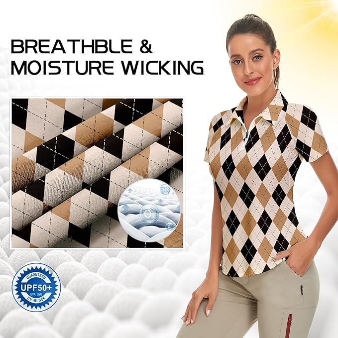 Women's Golf Shirt Short Sleeve Tennis Shirt Quarter Zip Golf Pullover Golf Polo Shirts Argyle Tops
