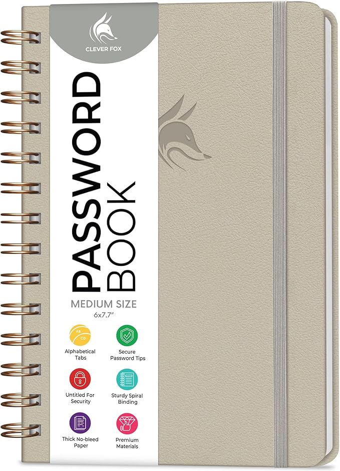 Clever Fox Password Book Spiral – Internet Address & Password Organizer with Laminated Alphabetical Tabs – Password Keeper Journal – Hardcover, Medium Size, 6.1x7.7” (Foggy Alps)