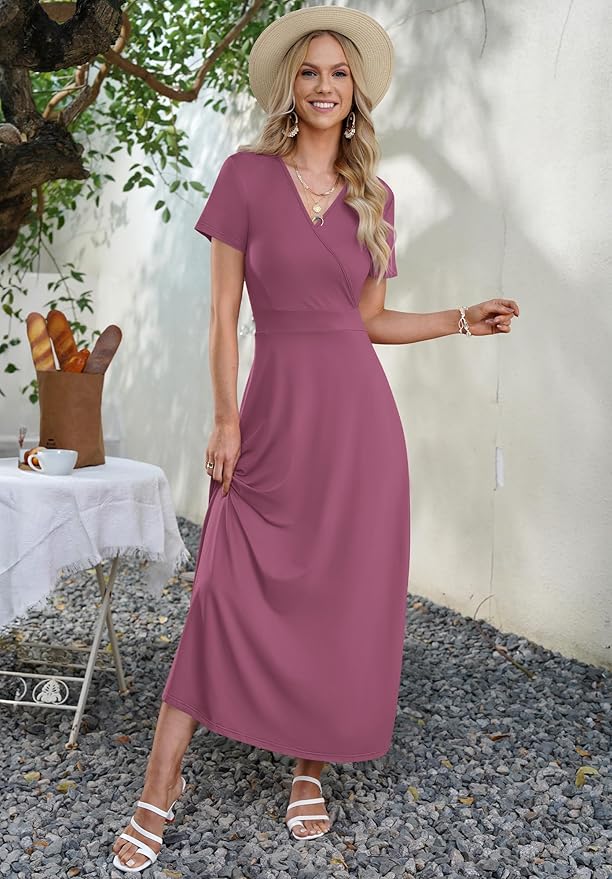 AUSELILY Maxi Dresses for Women Ankle Length Floral Print Beach Long Flowy Dress with Pockets