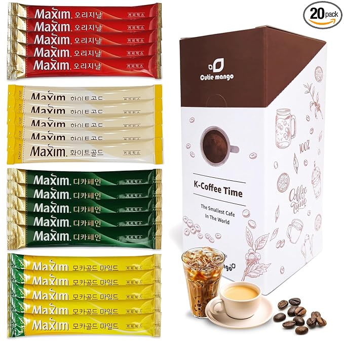 Korean Instant Coffee Mix Variety 20 Sticks (4 Types) Maxim Instant Single Serve Mocha White Decaf Original Flavors (5 Sticks Each)