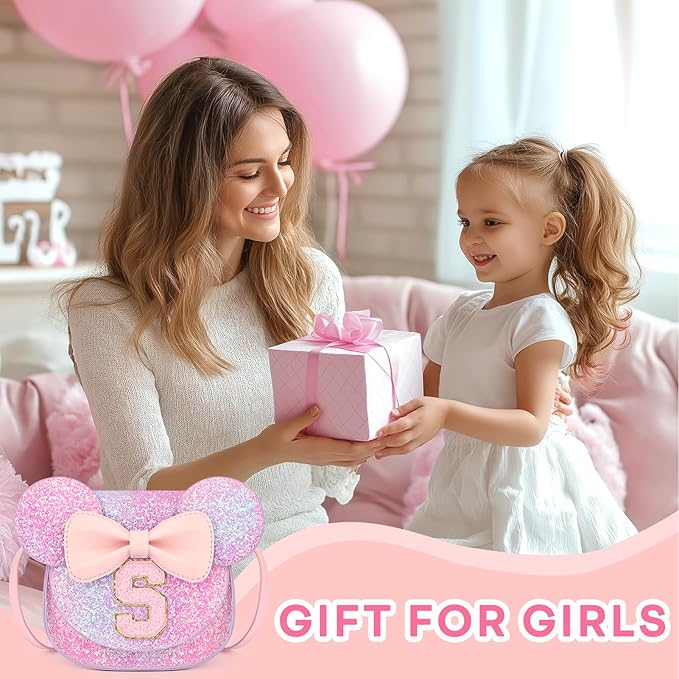 mibasies Toddler Purse Girl Gifts: Girls Birthday Gifts for 3-8 - Toys for Ages 2-4 Girls Mouse Ears Purse, Purple Rainbow, Letter S