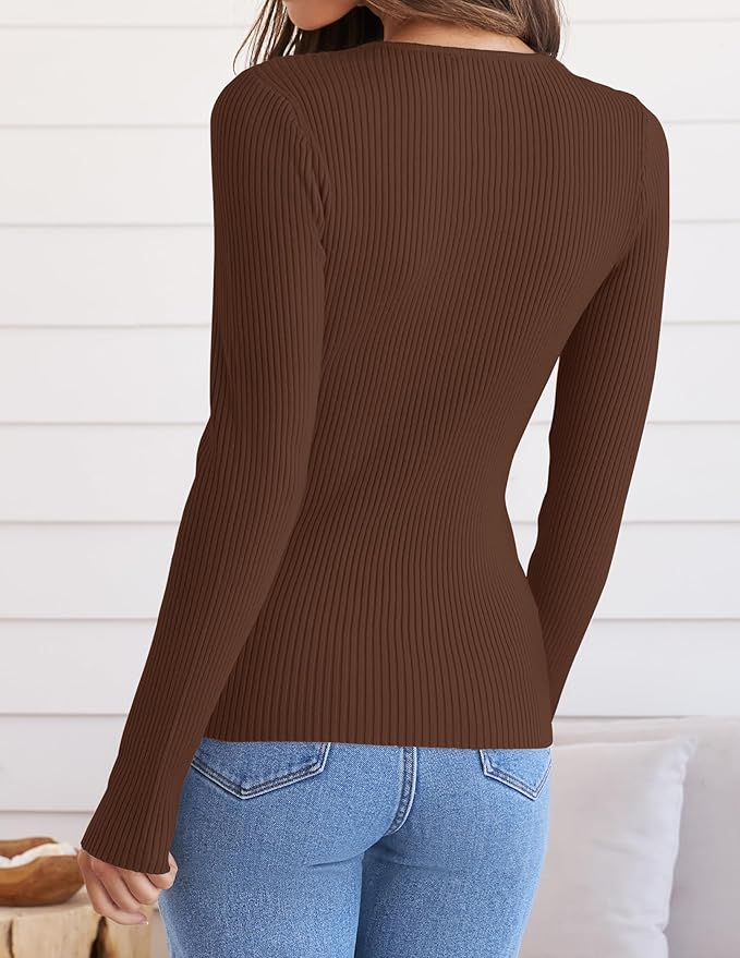 ZESICA Women's Long Sleeve Crewneck Shirts 2026 Fall Ribbed Knit Sweater Slim Fitted Casual Basic Tee Tops