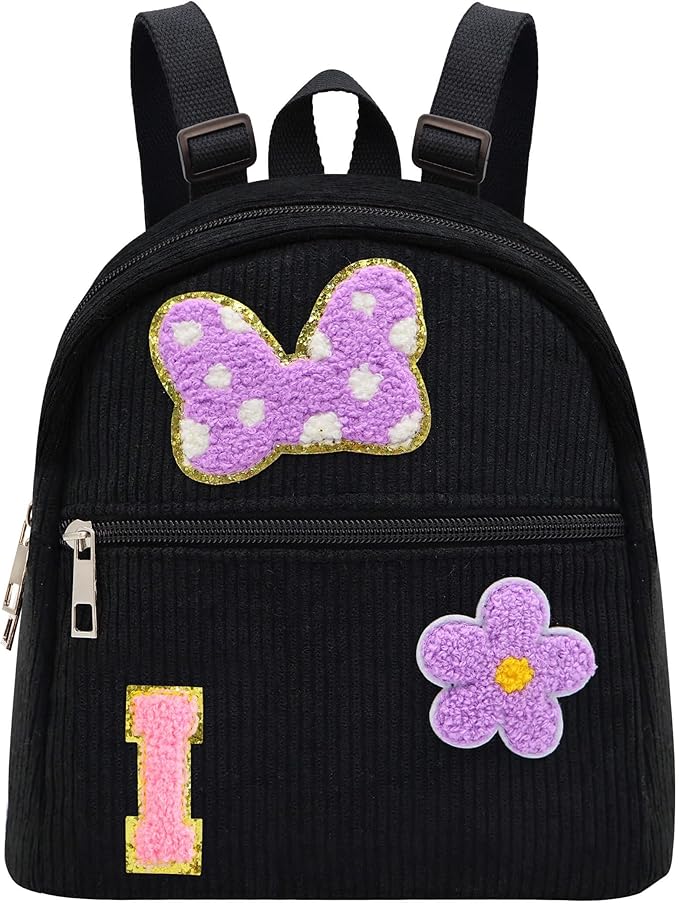 2 3 4 5 6 Year Old Girl Gifts Chenille Initial Mouse Bow Mini Backpack, Corduroy Toddler Backpacks Christmas Birthday Gifts for Girls 2-4 5-6, Black Mini Diaper Bag Must Haves for Park Travel Letter I