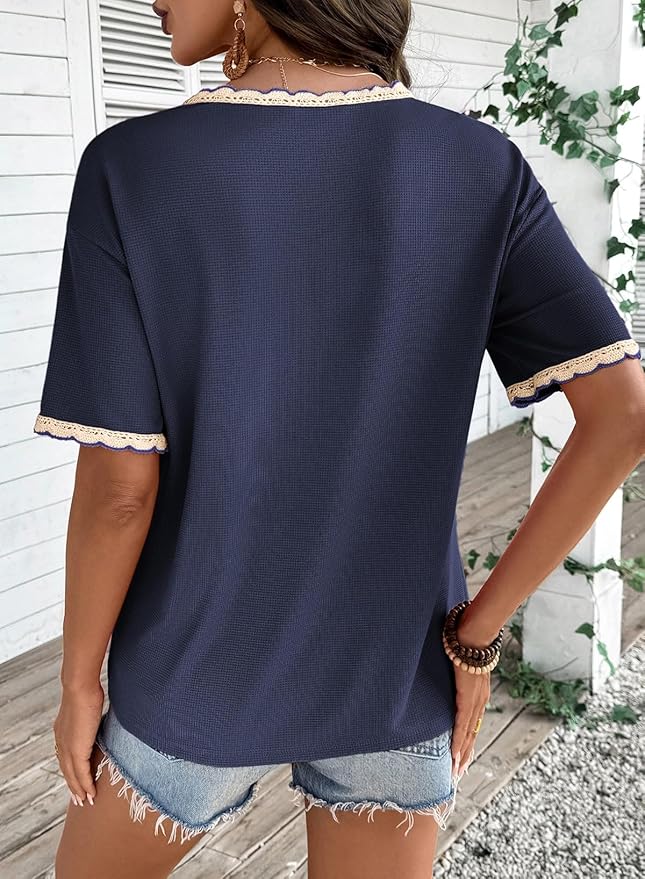 Dokotoo Womens Summer Tops Casual Short Sleeve Lace T-Shirts Solid V Neck Waffle Knit Shirts Blouses