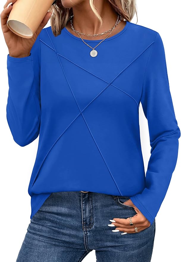 XIEERDUO Long Sleeve Shirts for Women Business Casual Tops Trendy Crewneck Fall T Shirts Pleated Loose Fit