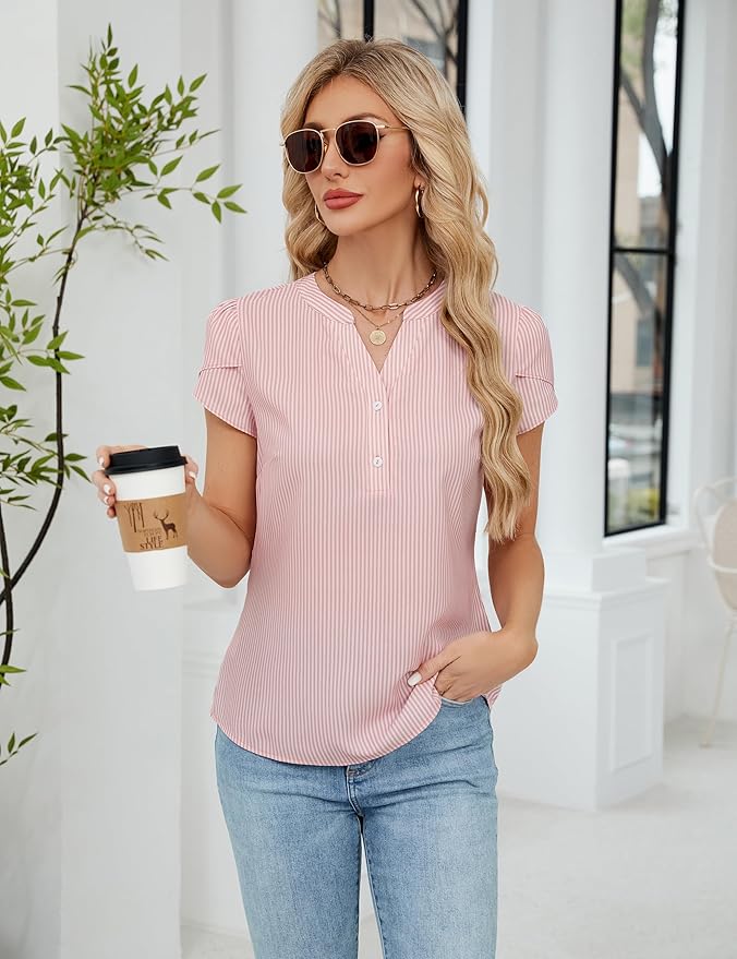 Blooming Jelly Women's Dressy Casual Tops Business Work Blouses White Button Down Shirts Cap Sleeve V Neck Tshirt