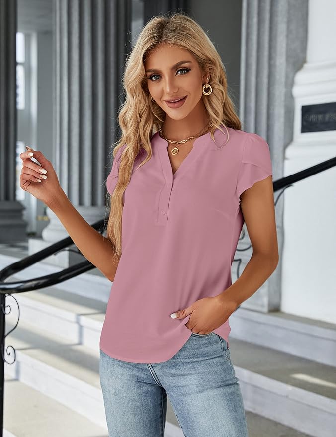 Blooming Jelly Women's Dressy Casual Tops Business Work Blouses White Button Down Shirts Cap Sleeve V Neck Tshirt