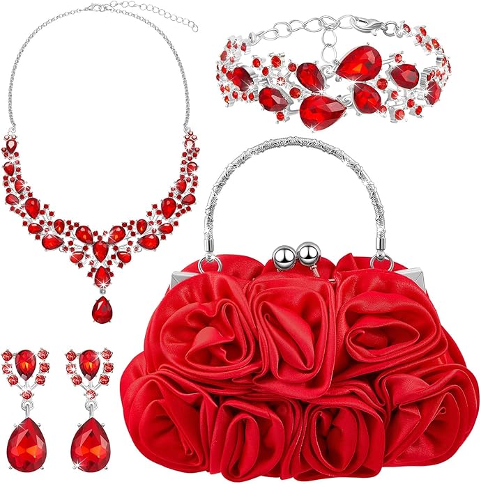 4 Pcs Flower Clutch Rhinestone Jewelry Set Rose Clutch Handbags with Detachable Strap Detachable Necklace Earrings Bracelets for Wedding Party Prom Valentine Gift