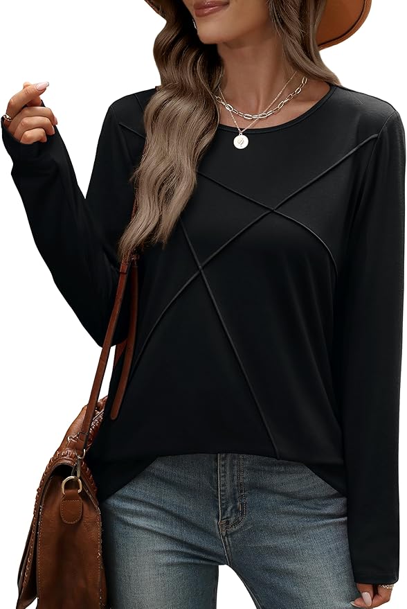 XIEERDUO Long Sleeve Shirts for Women Business Casual Tops Trendy Crewneck Fall T Shirts Pleated Loose Fit