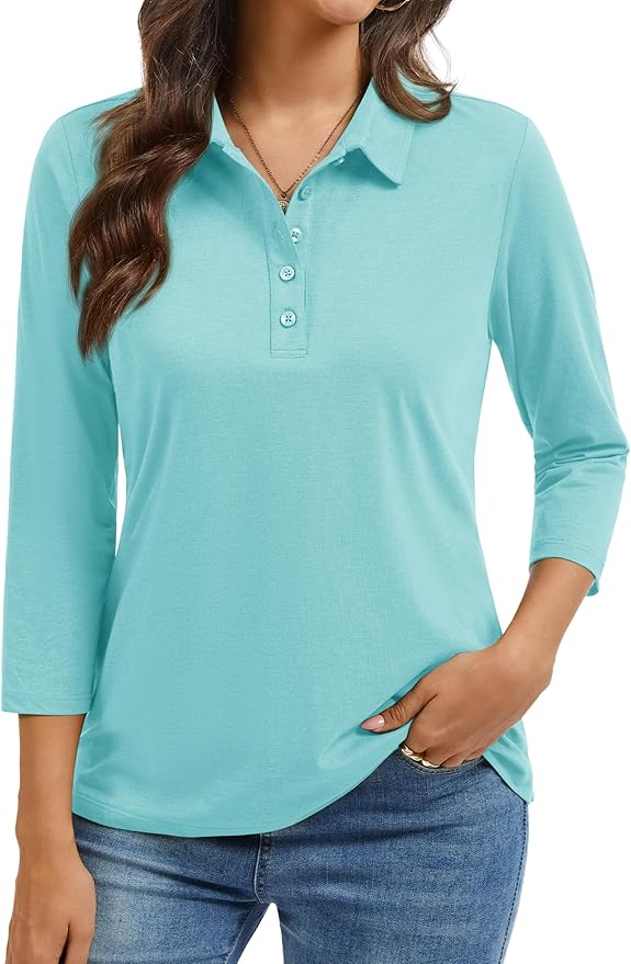 YUCOLEN Polo Shirts for Women 3/4 Sleeve Tops Golf Tees 5-Button Collared Cotton Shirt Business Casual