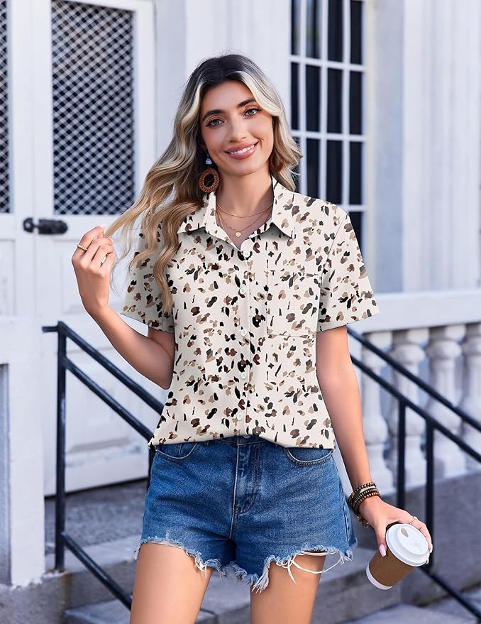 Zeagoo Womens Button Down Shirt Bust Pocket Short Sleeve Blouses Business Casual Work Tops Summer Outfits