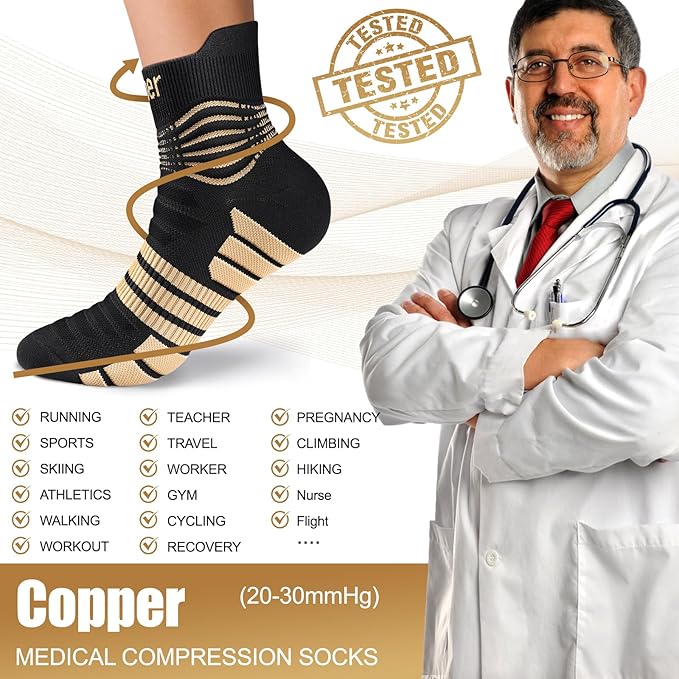 NEENCA Copper Compression Socks, Medical Ankle Support Socks for Injury Recovery & Pain Relief, Sport Protection, Women & Men Circulation, Swelling, Runner, Travel, Pregnancy, Flying—1 Pair, 20-30mmHg