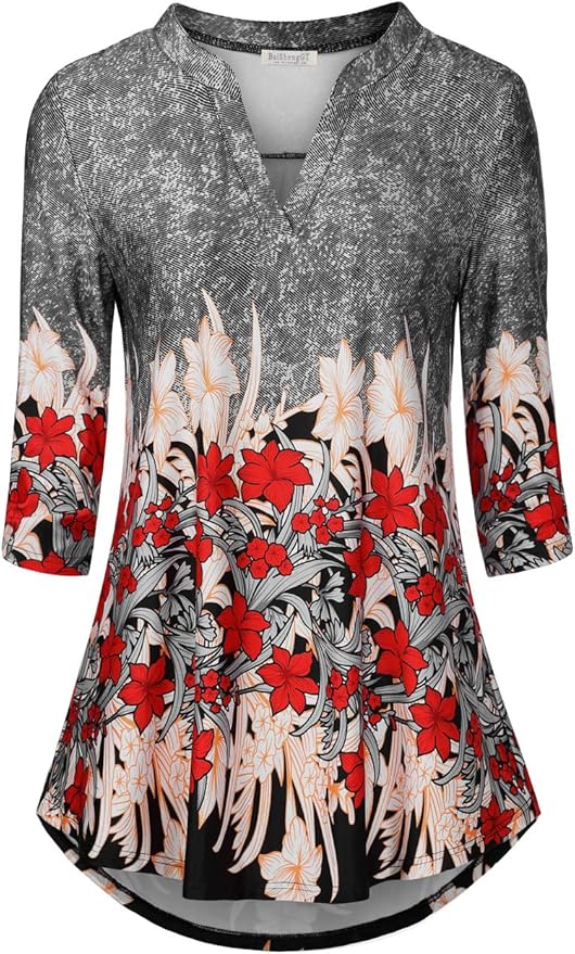 BAISHENGGT 3/4 Sleeve Tops for Women Notch V Neck Floral Work Blouses Dressy Casual Loose Fit Going Out Tunic Tops