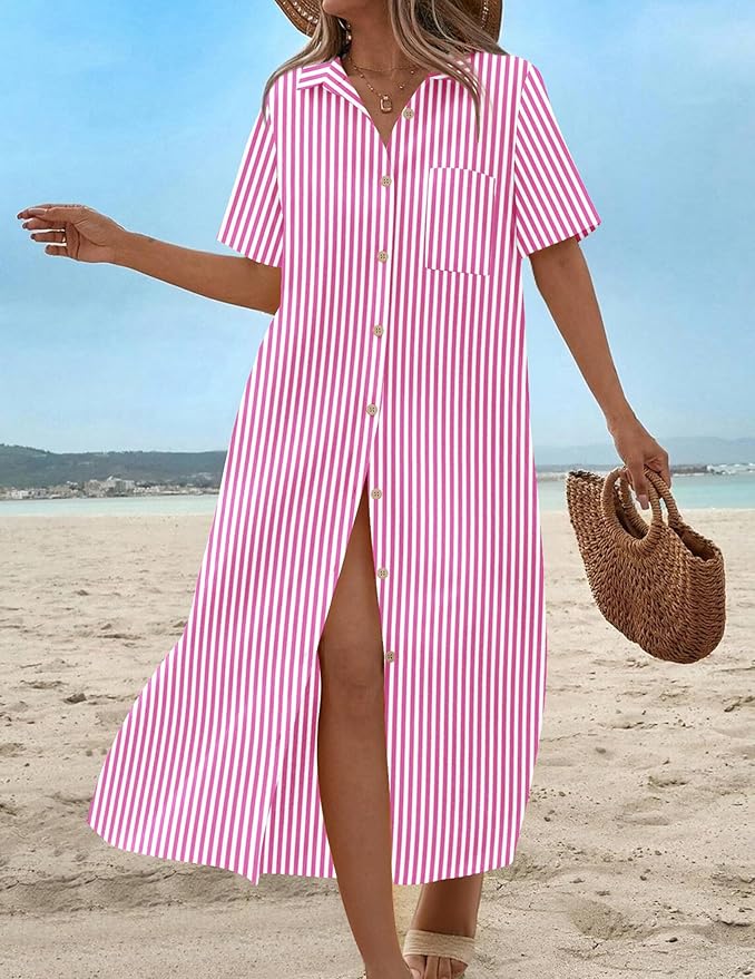 HOTOUCH Womens Dress Summer Casual Midi Short Sleeve Button Down Shirt Dresses Loose Beach Cover Up with Pockets