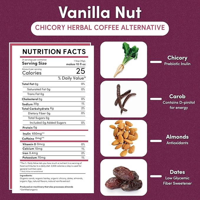 Teeccino Vanilla Nut Chicory Coffee Alternative - 11 Ounce - Ground Herbal Coffee That’s Prebiotic, Caffeine Free & Acid Free, Medium Roast, (Pack of 3)