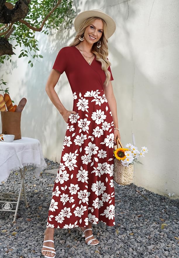 AUSELILY Maxi Dresses for Women Ankle Length Floral Print Beach Long Flowy Dress with Pockets