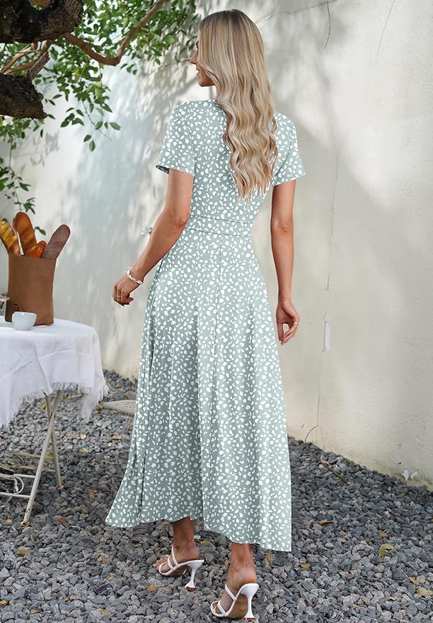 AUSELILY Maxi Dresses for Women Ankle Length Floral Print Beach Long Flowy Dress with Pockets