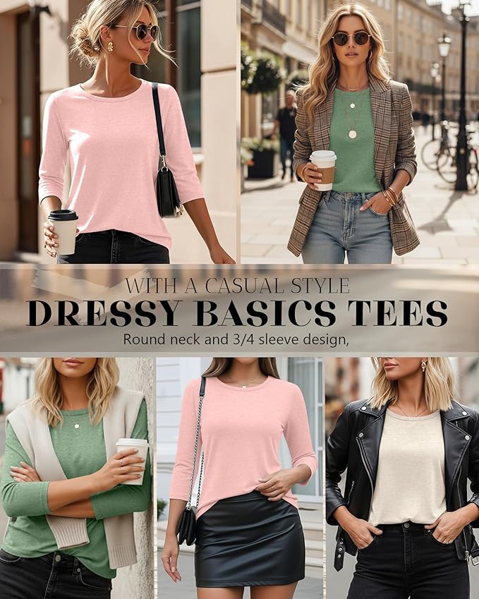 Ficerd 3 Pack 3/4 Sleeve Tops for Women Round Neck Dressy Basics Tees Casual Trendy Loose Fit T Shirts