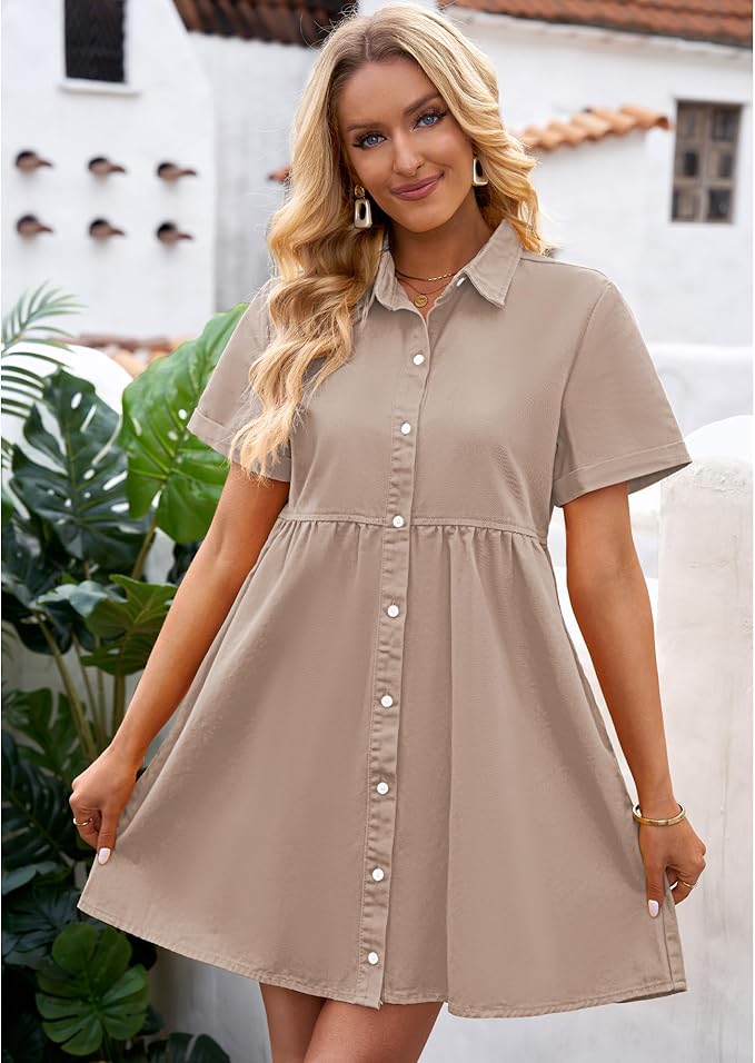 LookbookStore Women's Short Sleeve Button Down Flowy Tiered Babydoll Denim Dress