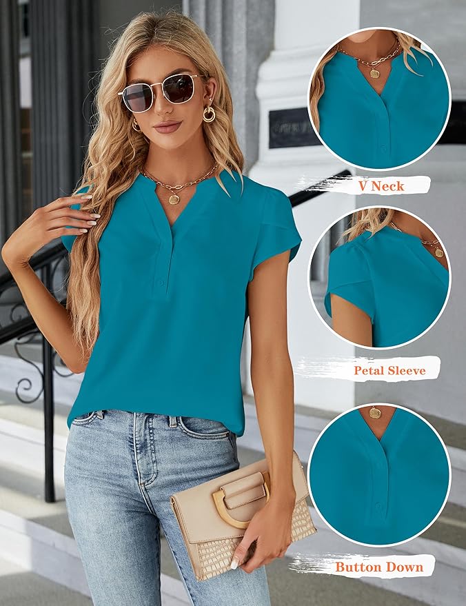 Blooming Jelly Women's Dressy Casual Tops Business Work Blouses White Button Down Shirts Cap Sleeve V Neck Tshirt