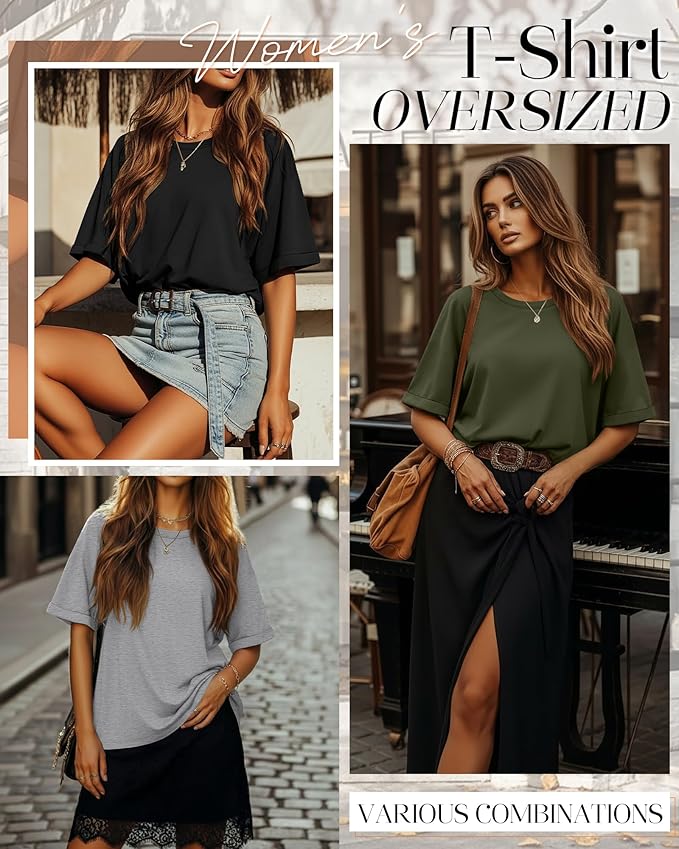 Riyiper 3 Pack Women's Oversized T-Shirt Half Sleeve Summer Tees Casual Loose Fit Crew Neck Basic Tops