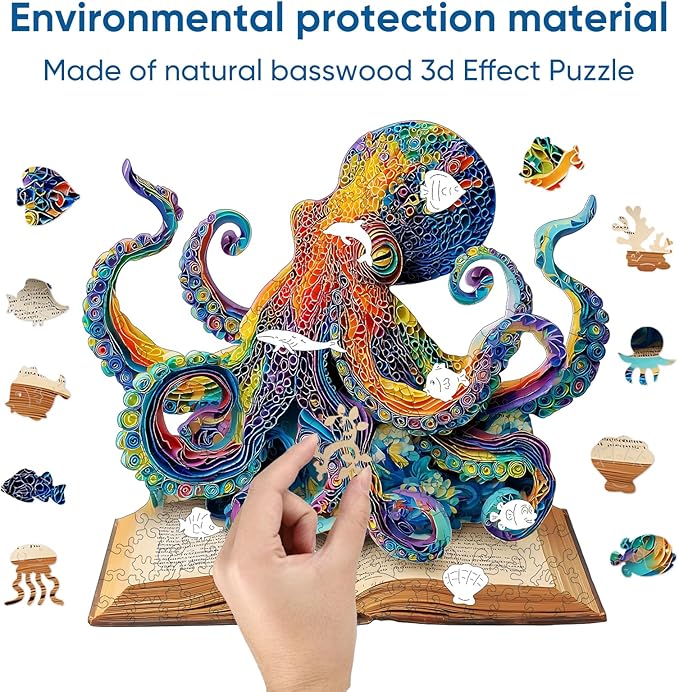 Reouinty Wooden Puzzles for Adults, Octopus Book Jigsaw Puzzles 200 Pieces, Unique Shape Animal Adult Puzzles, Irregular Wood Best Gift for Adults Family Game(11.4 * 10.9 in)