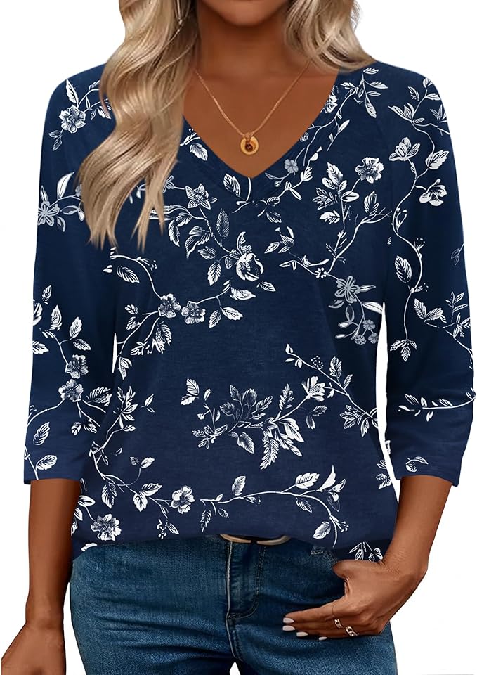 Zeagoo 3/4 Length Sleeve Womens Tops Casual V Neck Shirts Soft Basic Tees Business Work Blouses