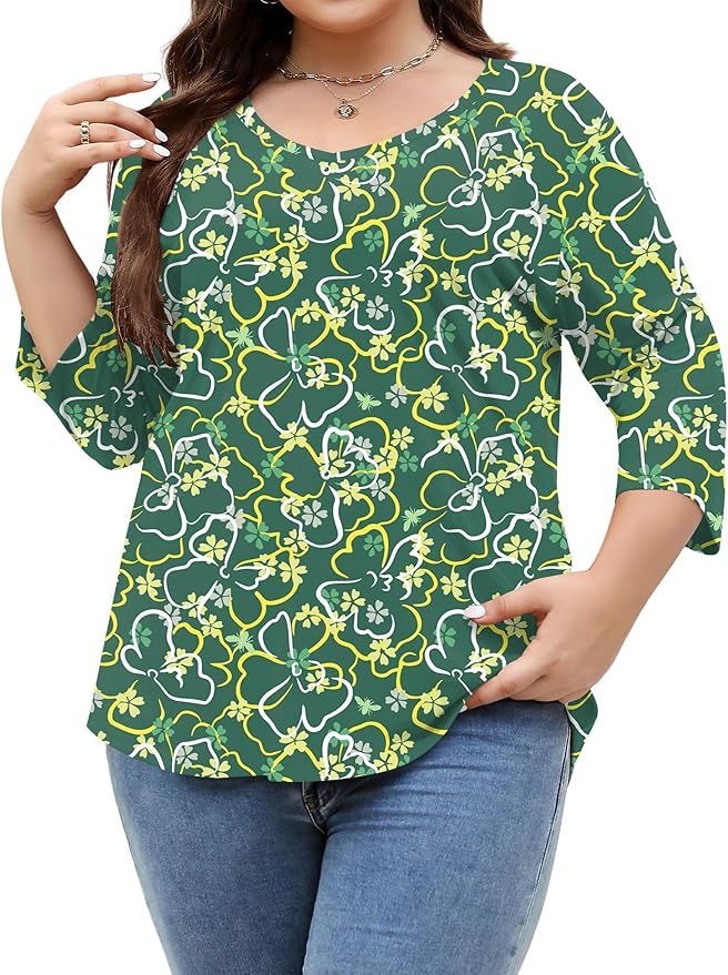 TFSDOD Womens Plus Size Tops V Neck T Shirts 3/4 Sleeve Blouse Summer Casual Tees XL-5X