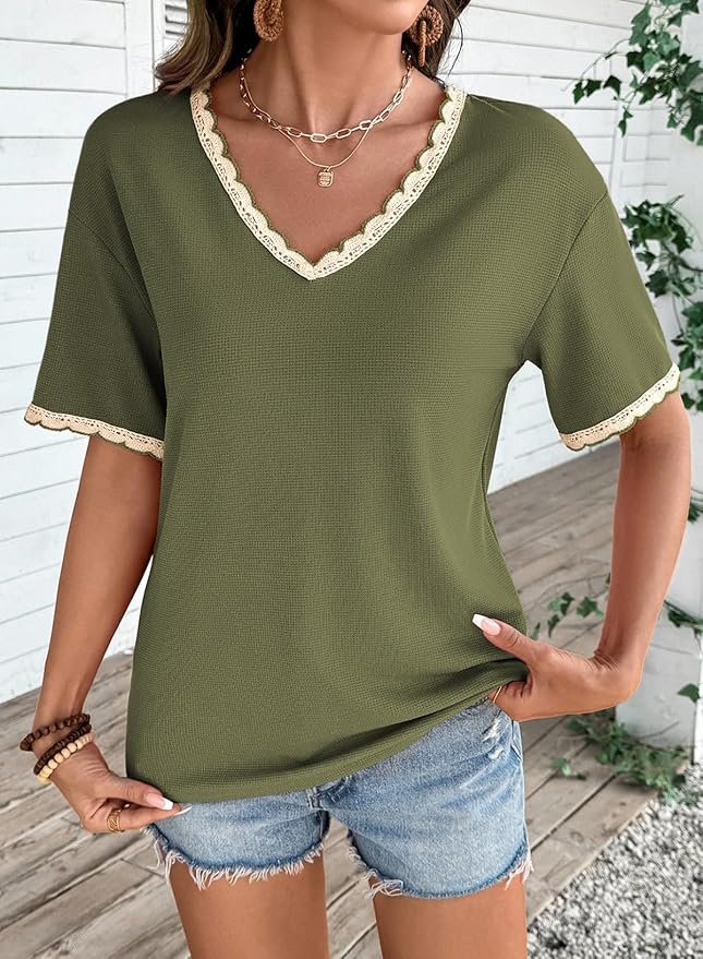 Dokotoo Womens Summer Tops Casual Short Sleeve Lace T-Shirts Solid V Neck Waffle Knit Shirts Blouses