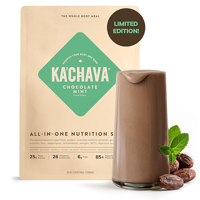 Ka’Chava Whole Body Meal Shake Chocolate Mint 2 lb – Vegan Protein Powder with 85+ Superfoods & Greens – Plant-Based Meal Replacement with Probiotics & Digestive Enzymes – Gluten & Dairy Free