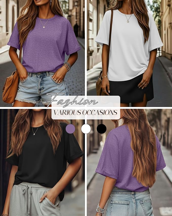 Riyiper 3 Pack Women's Oversized T-Shirt Half Sleeve Summer Tees Casual Loose Fit Crew Neck Basic Tops