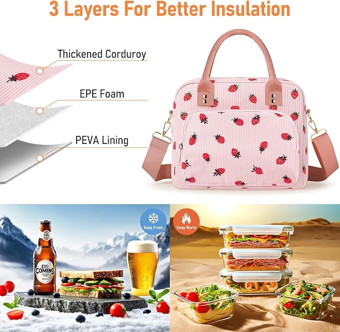 Lunch Bag Large Insulated Lunch Box for Women Adult Cute Pink Strawberry Lunchbox Corduroy Lunch Bags Boxes Pail with Shoulder Strap for Work Mom Picnic Office Travel 11.4×6.8×9.1 inches 11.5L