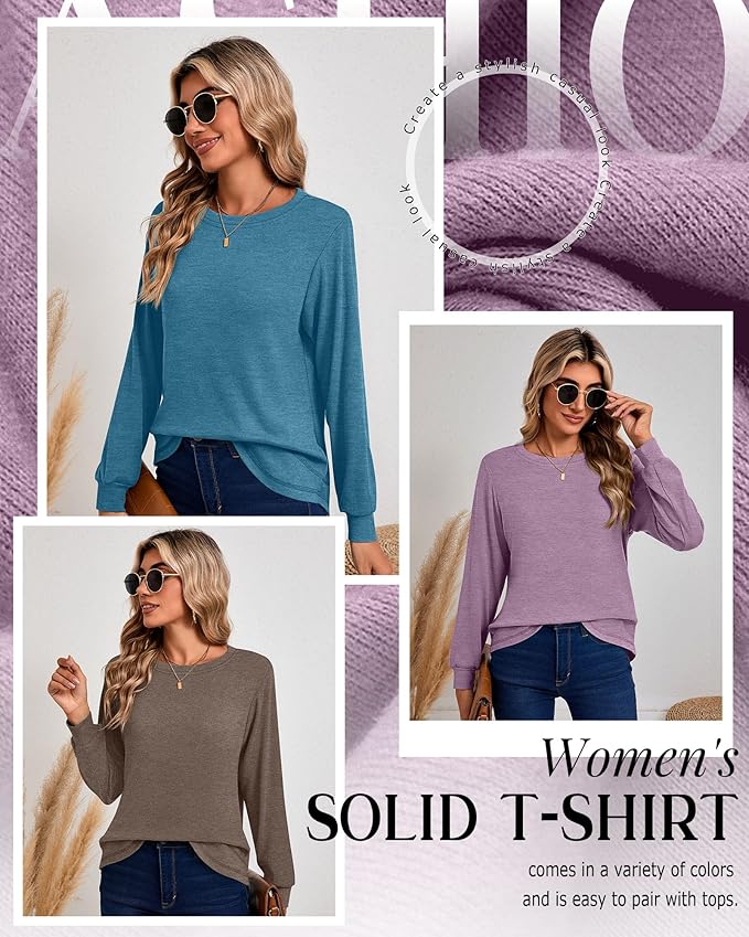 Ficerd 3 Pack Women's Long Sleeve Shirts, Cotton Crew Neck Tunic Tops Casual Loose Fit Pullover Sweatshirts Curved Hem Shirts
