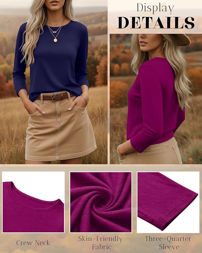 Ficerd 3 Pack 3/4 Sleeve Tops for Women Round Neck Dressy Basics Tees Casual Trendy Loose Fit T Shirts