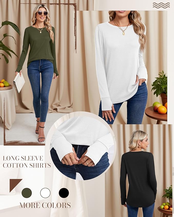 Huukeay 3 Pack Women's Long Sleeve Shirts with Thumb Holes, Cotton Casual Crew Neck Tunic Tops Fall Loose Y2k Trendy Outfits
