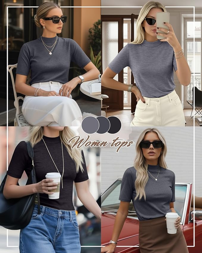 Ficerd 3 Pack Women's 1/2 Sleeve Mock Turtleneck Shirts, Elbow Length Shirt Half Sleeve Tunic Top Casual Summer Basic Tees